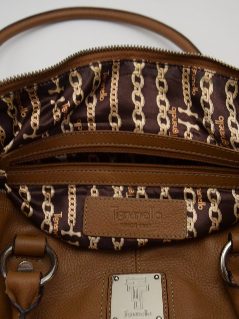 Tignanello Brandy Tan Pebbled Leather Baguette/Satchel Handbag VTG-Very Good - Picture 8 of 14